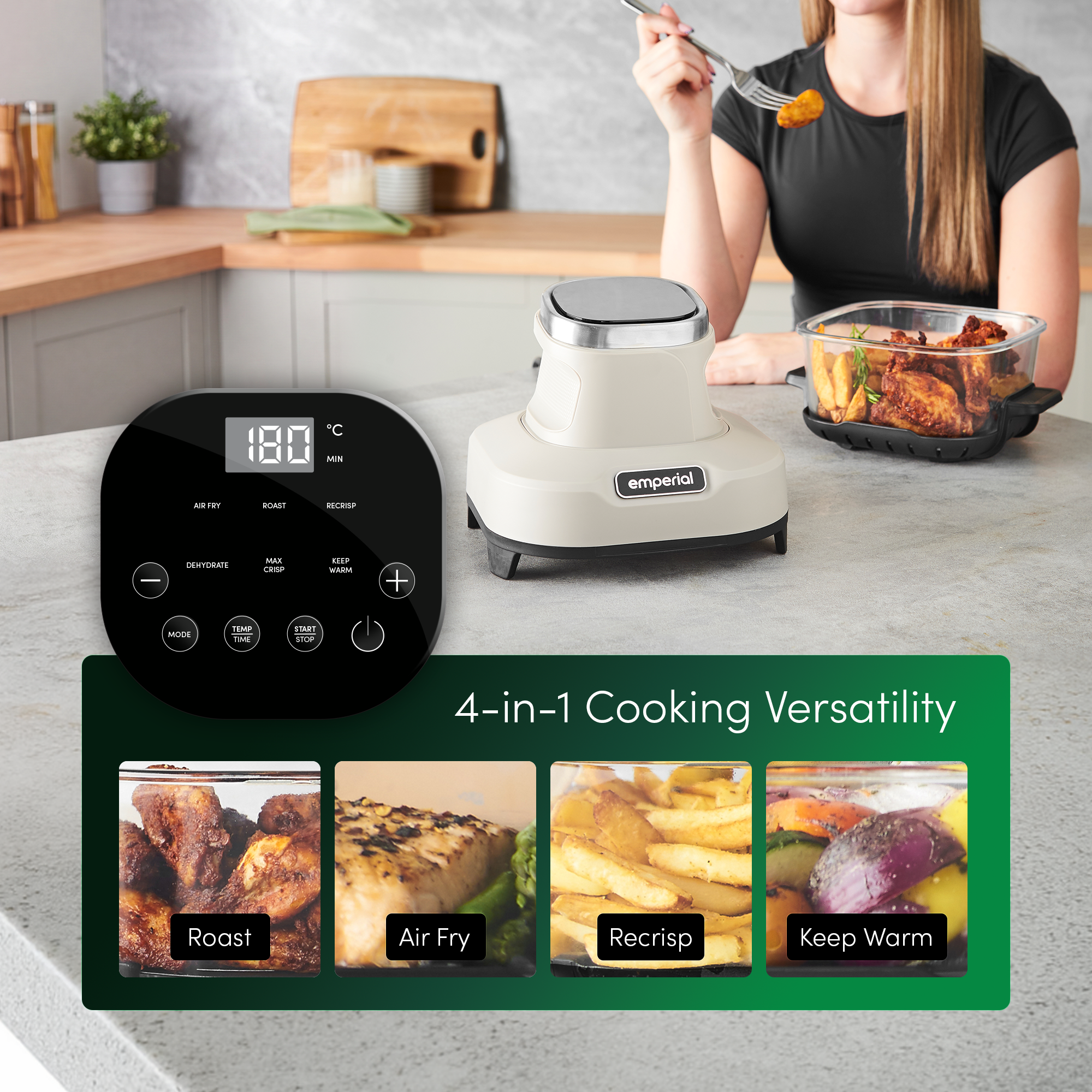 Cooksy™ 4-in-1 Portable Glass Air Fryer - Stone