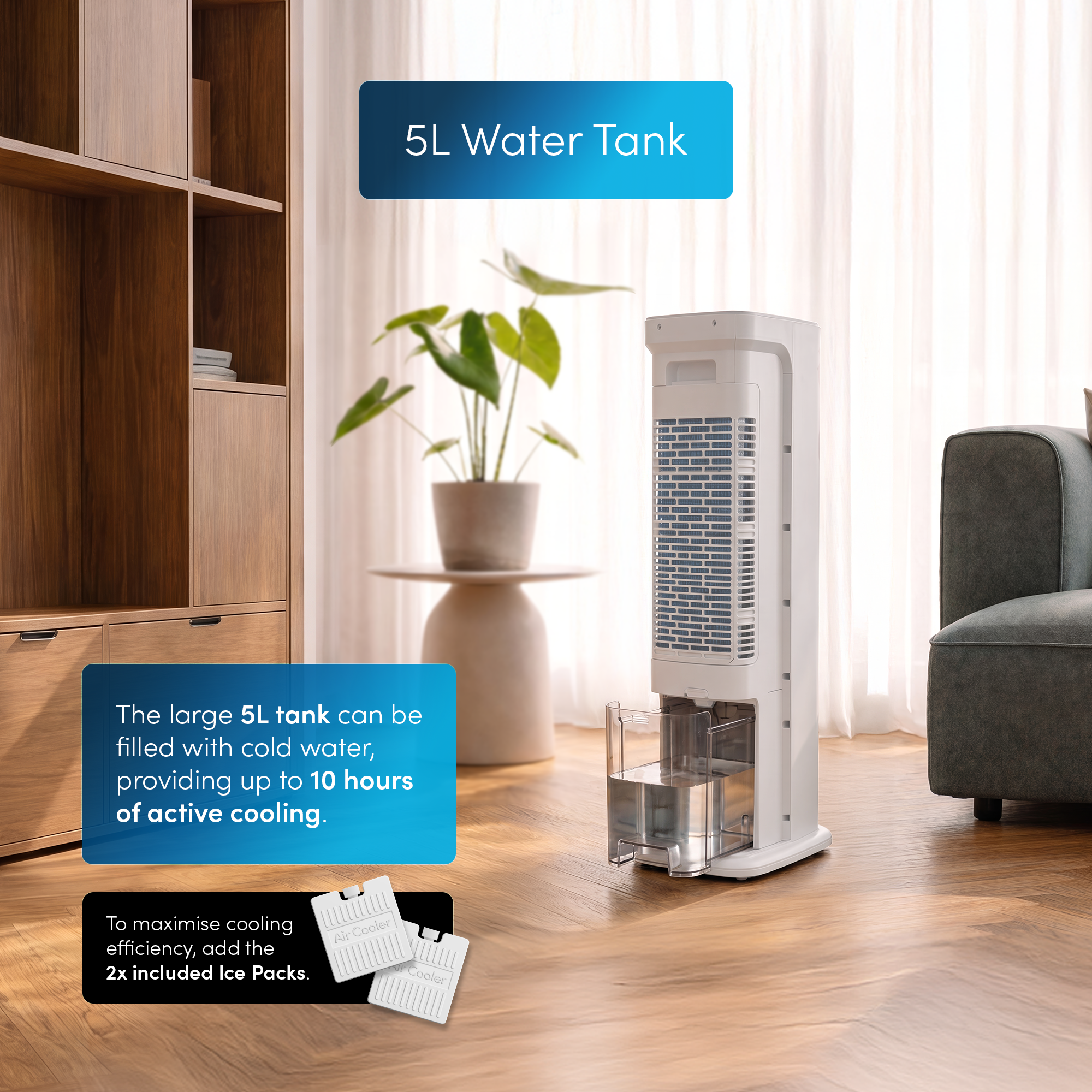 5L Evaporative Air Cooler & Portable Tower Fan With Humidification Modes